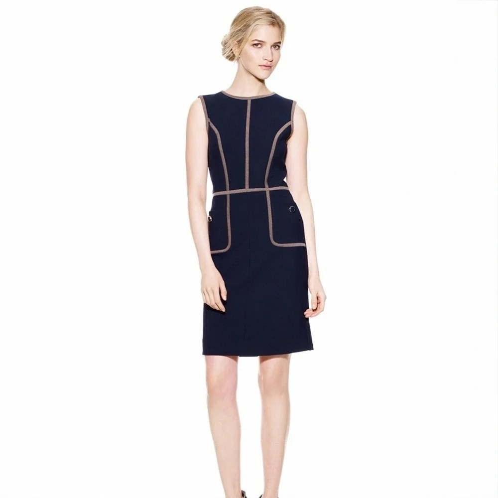 Tory Burch • Flora Dress navy blue wool sheath sleeveless piped colorblock
